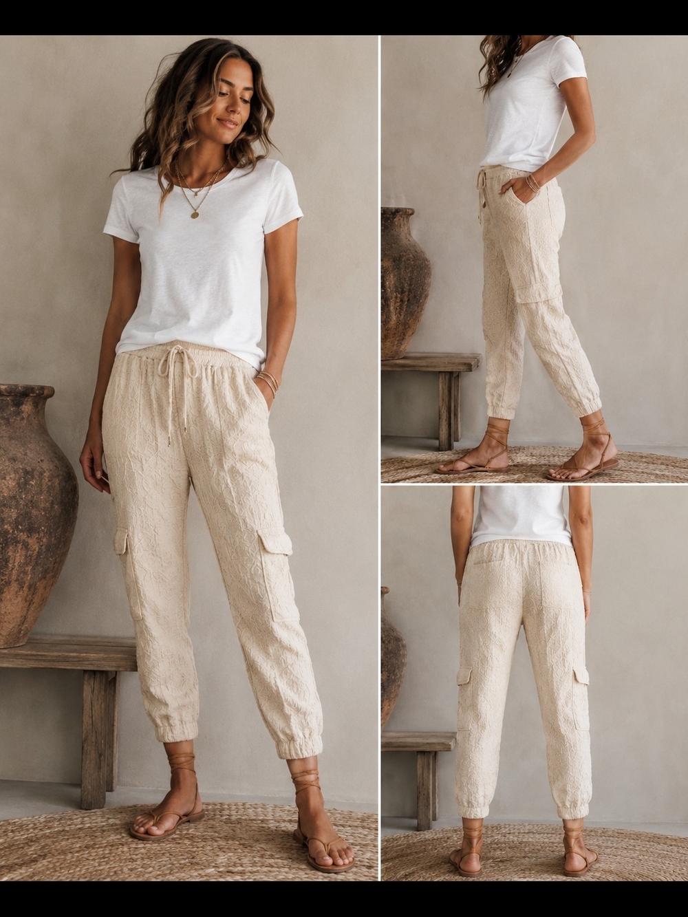 Johnny Was Cream Embroidered. Cargo Jogger Pants